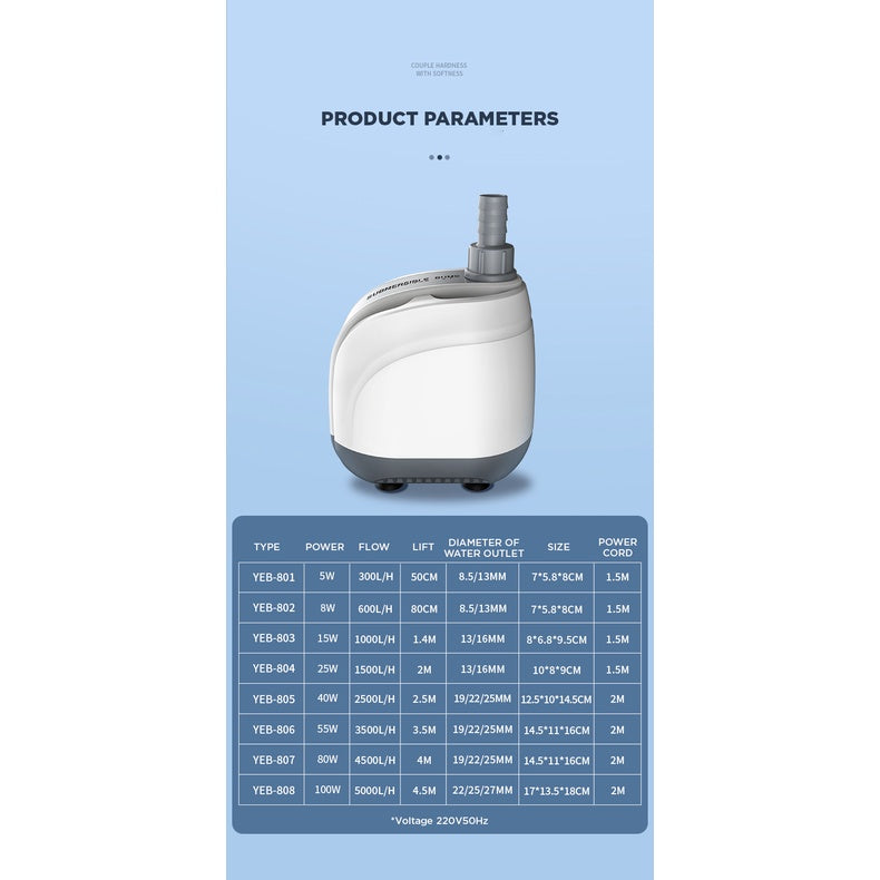 YEE Ultra-Quiet Suction Pump, Aquarium Pump With Ceramic Shaft Core, 360 degree Surround Water Absorption _ product parameters