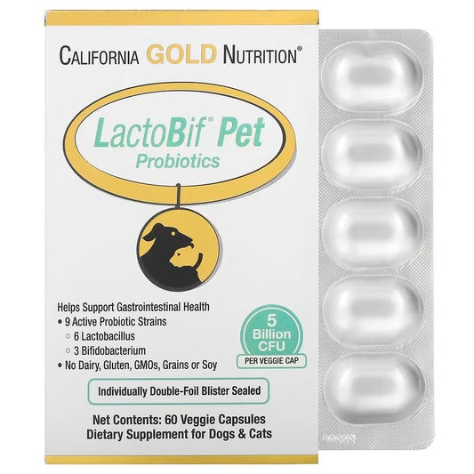 California Gold Nutrition, LactoBif Pet Probiotics, 5 Billion CFU, 60 Veggie Capsules _ Front